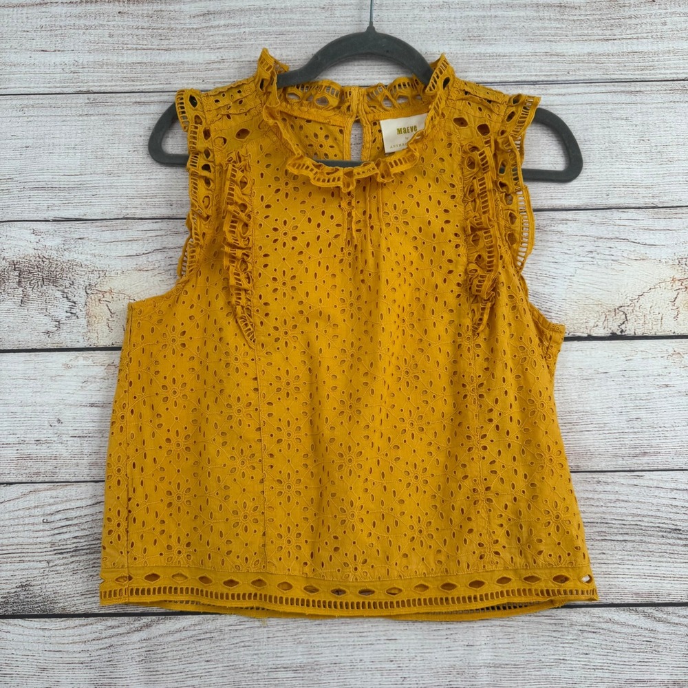 Maeve Anthropologie Eyelet Lace Top Womens 4 Yellow Ruffle High Neck Sleeveless